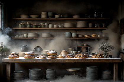 Rustic Bread Display With Vintage Kitchenware In Soft Light