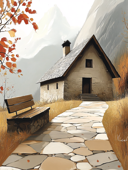 Rustic Cottage in Autumn Landscape