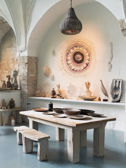 Rustic Dining Scene with Pottery Display