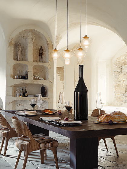 Rustic Dining Table Setting With Oversized Wine Bottle