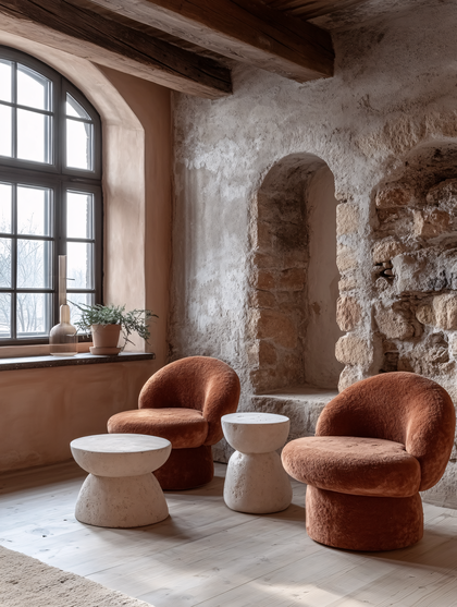 Rustic Interior with Cozy Armchairs and Stone Tables