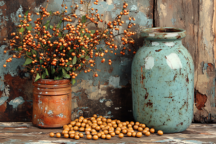 Rustic Still Life with Berries and Vases