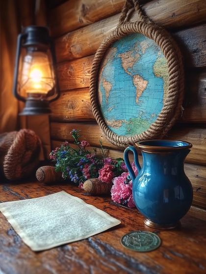Rustic Still Life with World Map and Lantern