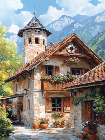 Rustic Stone House with Tower and Mountain Backdrop