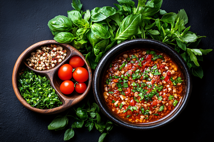 Rustic Tomato Stew With Fresh Basil And Ingredients