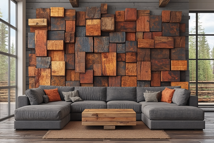 Rustic Wooden Block Wall in Modern Living Room