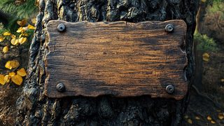 Rustic Wooden Signboard On Tree Trunk
