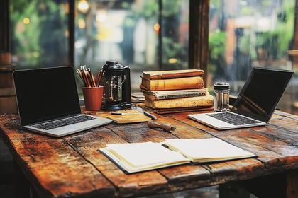 Rustic Workspace with Laptops and Vintage Books