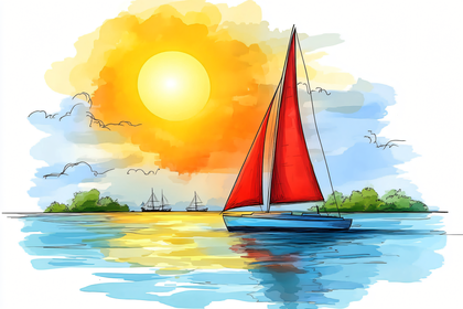 Sailboat At Sunset Watercolor Illustration
