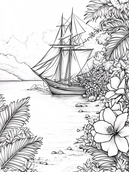 Sailing Ship and Tropical Flowers