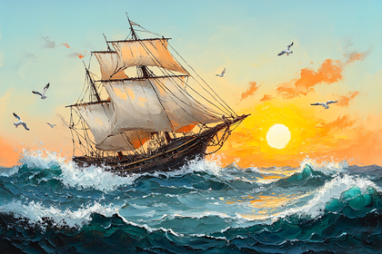 Free Download Majestic Sailing Ship Navigating Ocean Waves at Sunset