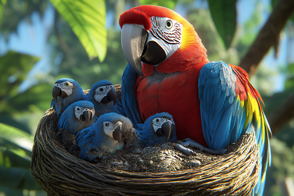 Scarlet Macaw Family in Nest
