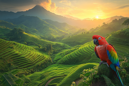 Scarlet Macaw Perched on Hillside Overlooking Terraced Fields at Sunset