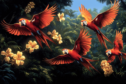 Scarlet Macaws in Flight