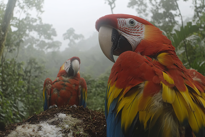 Scarlet Macaws in Foggy Forest