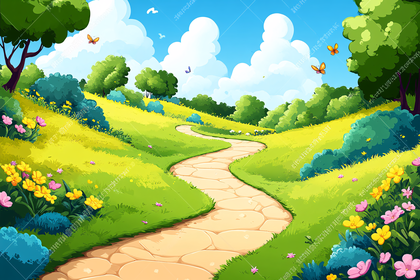 Scenic Cartoon Landscape with Winding Path
