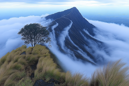 Scenic Mountain Vista With Clouds And Tree