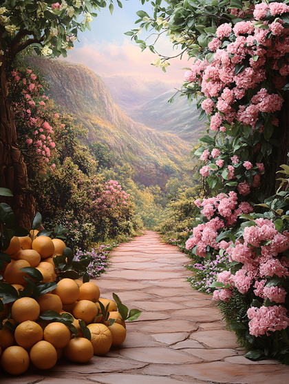 Scenic Path With Hydrangeas And Oranges