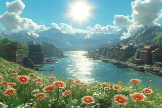 Scenic Riverside Town With Mountain Backdrop