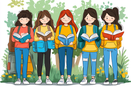 School Girls Reading Books Outdoors