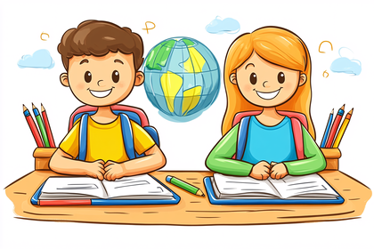 School Kids Studying with Globe