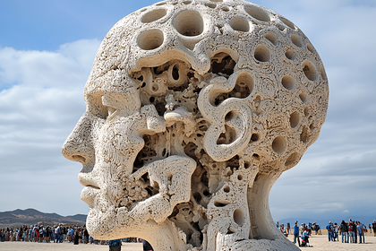 Sculpture of Hollow Head in Desert Landscape