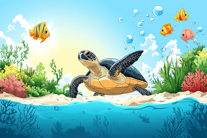Sea Turtle and Fish in Underwater Scene