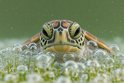 Sea Turtle Emerging from Bubbles