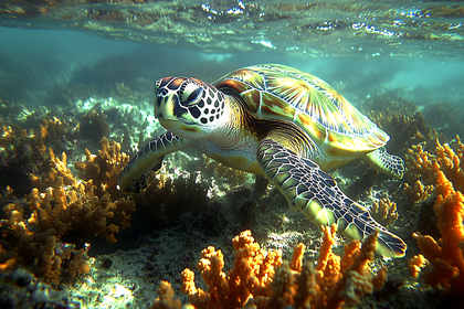 Sea Turtle Exploring Coral Reef