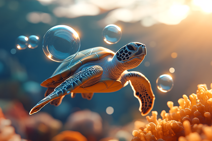 Sea Turtle in Sunlit Ocean