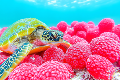 Sea Turtle Resting on Red Coral