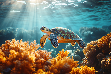 Sea Turtle Swimming in Coral Reef