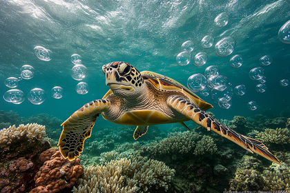 Sea Turtle Swimming Through Coral Reef
