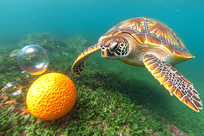 Sea Turtle Underwater With Orange Ball