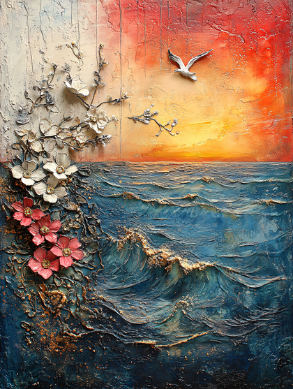 Seagull Flying Over Ocean Waves with Flowers