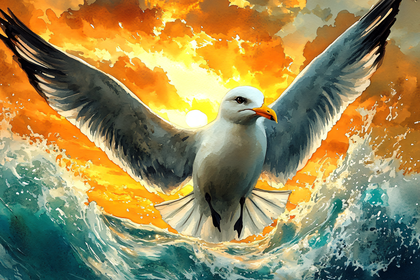 Seagull In Flight Over Ocean Watercolor