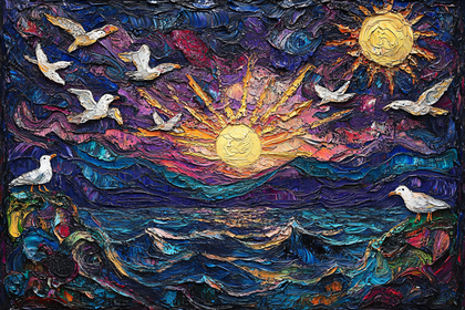 Seagulls At Sunset Impasto Painting