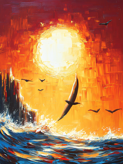 Seagulls Flying Over Ocean at Sunset