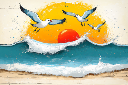 Seagulls Flying Over Ocean Waves at Sunset
