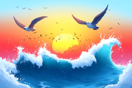 Seagulls Flying Over Ocean Waves At Sunset