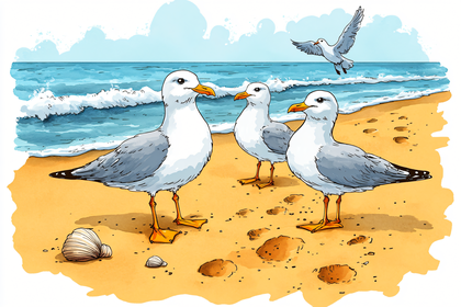 Seagulls On Sandy Beach