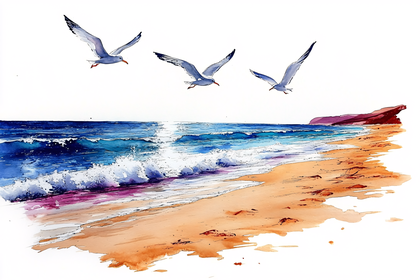 Seagulls Over Beach