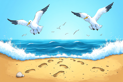 Seagulls Over Ocean Beach