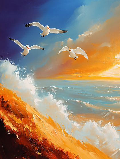 Seagulls Over Ocean Horizon