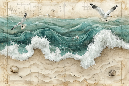 Seagulls Over Ocean Waves Parchment
