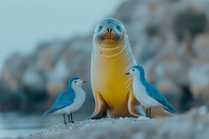 Seal And Seabirds On The Beach