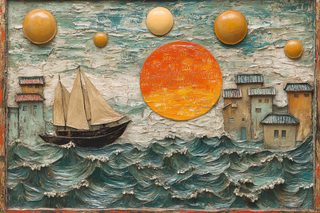 Seascape With Sailboat And Buildings