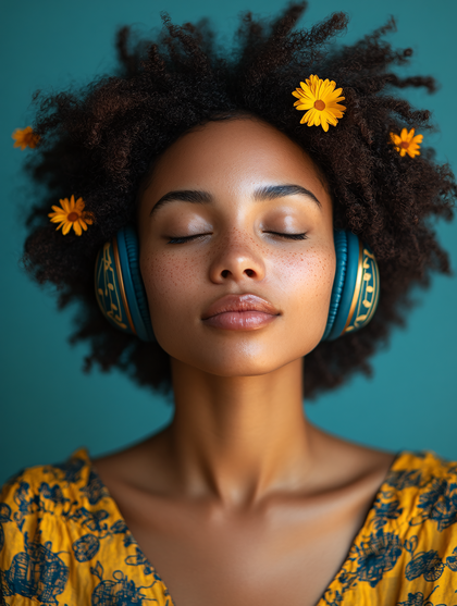 Serene Afro Woman with Headphones and Flowers