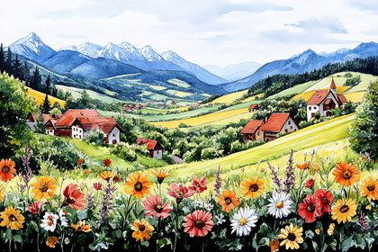 Serene Alpine Village Watercolor