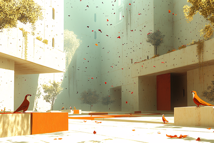 Serene Architecture with Birds and Falling Leaves